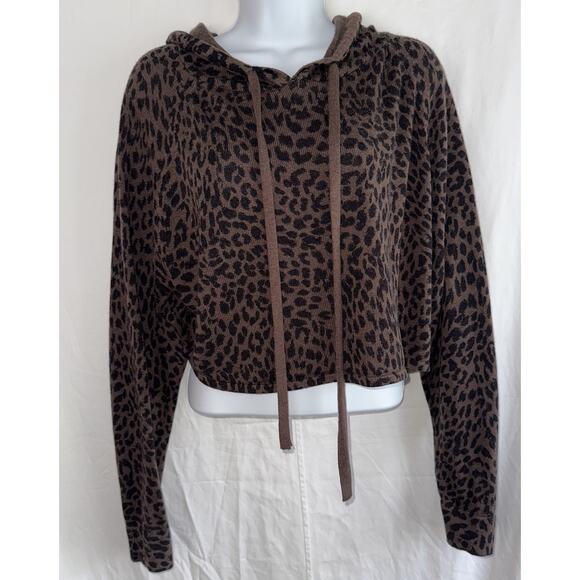Etiquette Leopard Print Cropped Hoodie Sz M Y2K Grunge Athleisure Boho Comfy - Picture 2 of 11